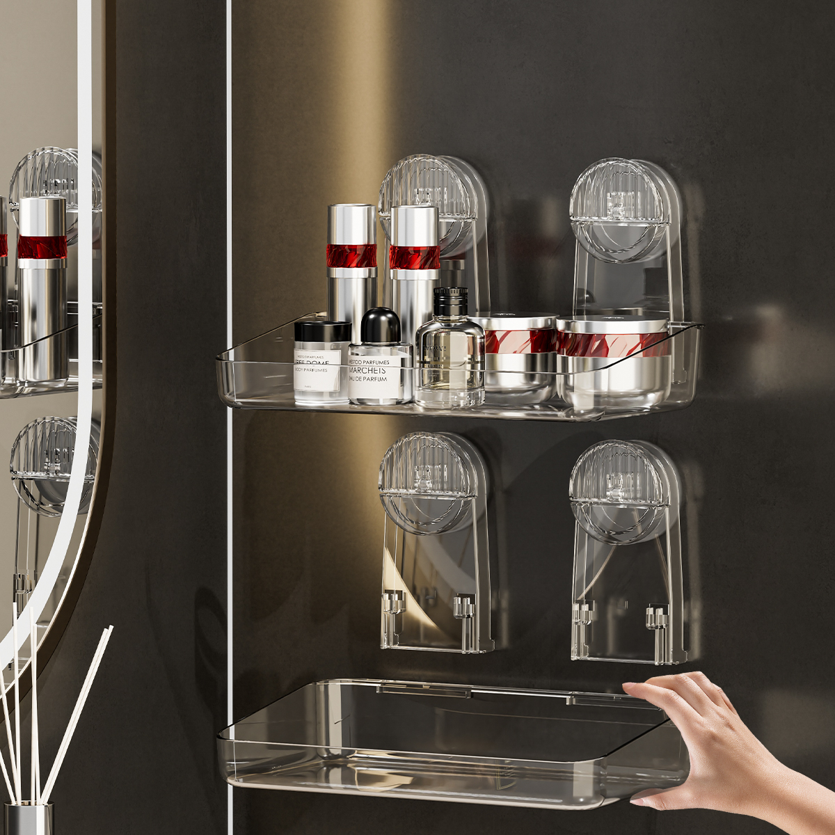 Powerful suction cup storage rack, detachable suspension, drying and drainage shower rack, storage rack, injection molded acrylic bathroom supplies, miscellaneous use storage rack