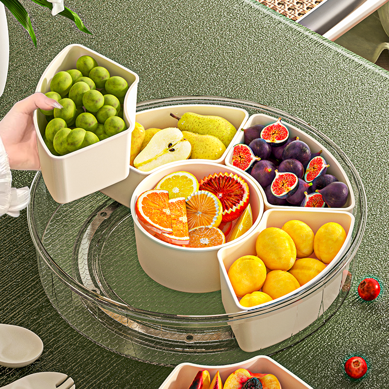 6 Compartment Rotating Fruit Tray Transparent Divided Snack Spices Serving Tray Rotatable Snackle Box Container With Lid