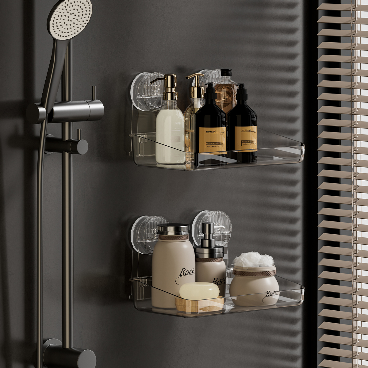 Powerful suction cup storage rack, detachable suspension, drying and drainage shower rack, storage rack, injection molded acrylic bathroom supplies, miscellaneous use storage rack