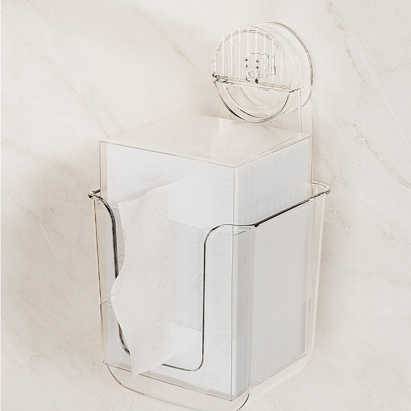 Suction cup wall mounted tissue box, made of acrylic, used for storing facial tissues and tissues