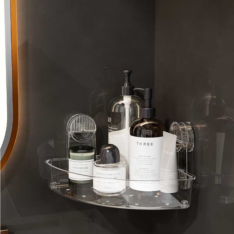 Vacuum Suction Corner Shower Caddy Wholesale Acrylic Bathroom Corner Storage Suction Cup Shower Organizer Shelf Wall Shelves