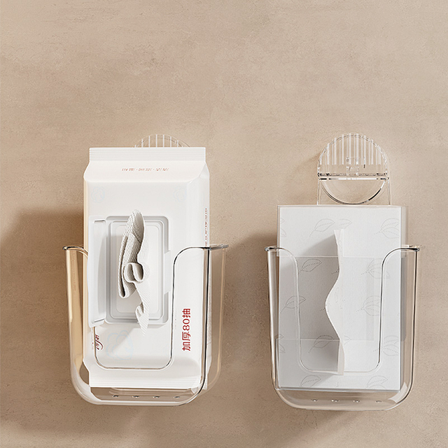 Suction cup wall mounted tissue box, made of acrylic, used for storing facial tissues and tissues