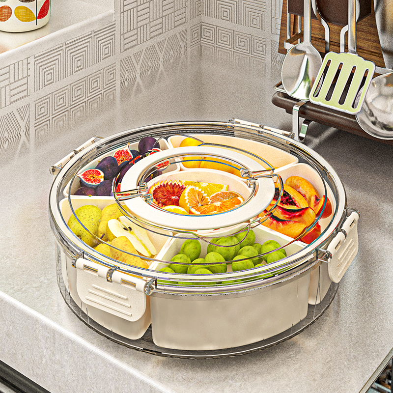 6 Compartment Rotating Fruit Tray Transparent Divided Snack Spices Serving Tray Rotatable Snackle Box Container With Lid