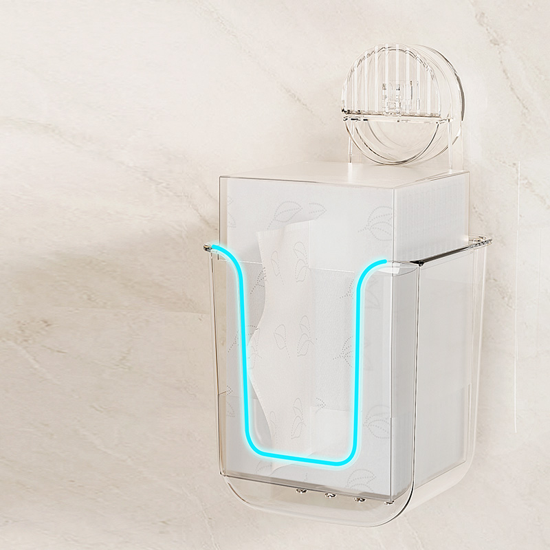 Suction cup wall mounted tissue box, made of acrylic, used for storing facial tissues and tissues