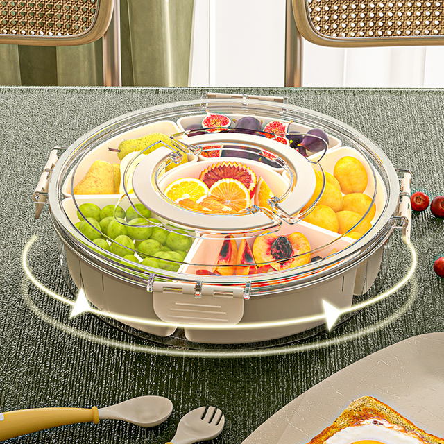 6 Compartment Rotating Fruit Tray Transparent Divided Snack Spices Serving Tray Rotatable Snackle Box Container With Lid