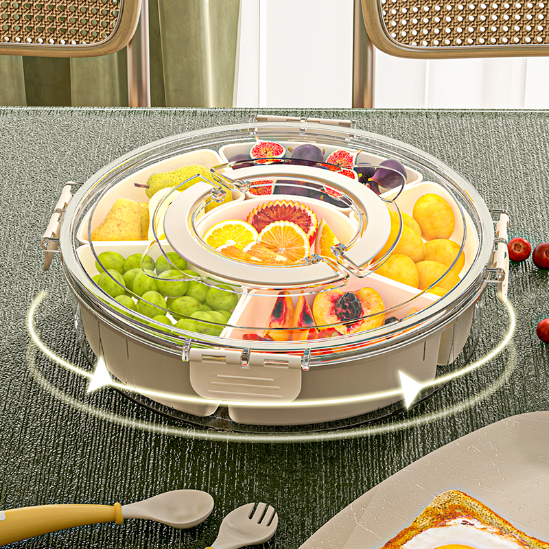 6 Compartment Rotating Fruit Tray Transparent Divided Snack Spices Serving Tray Rotatable Snackle Box Container With Lid