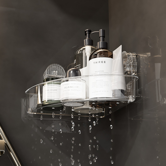 Vacuum Suction Corner Shower Caddy Wholesale Acrylic Bathroom Corner Storage Suction Cup Shower Organizer Shelf Wall Shelves