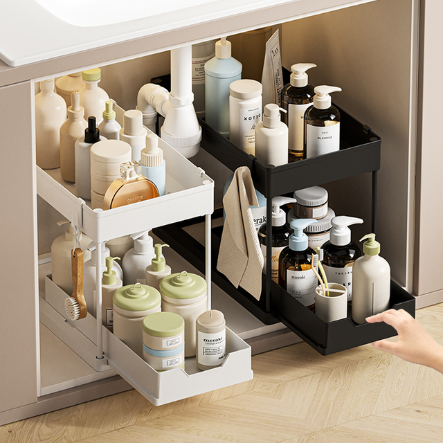 2 Tier Under Sink Organizers and Storage Multi-Purpose Cabinet Basket Organizer Drawer for Kitchen Under