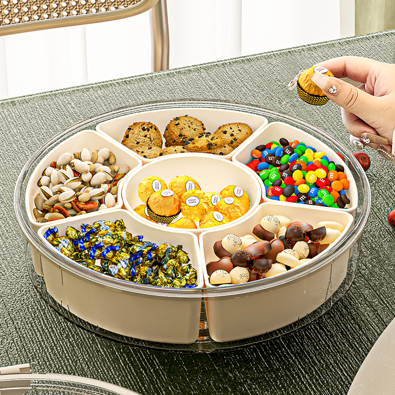 6 Compartment Rotating Fruit Tray Transparent Divided Snack Spices Serving Tray Rotatable Snackle Box Container With Lid
