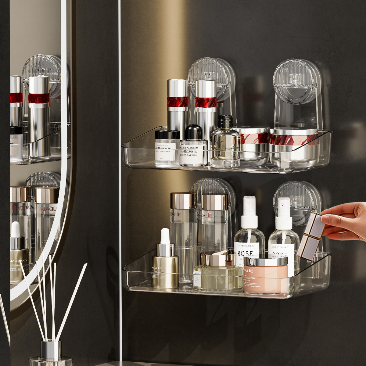 Powerful suction cup storage rack, detachable suspension, drying and drainage shower rack, storage rack, injection molded acrylic bathroom supplies, miscellaneous use storage rack